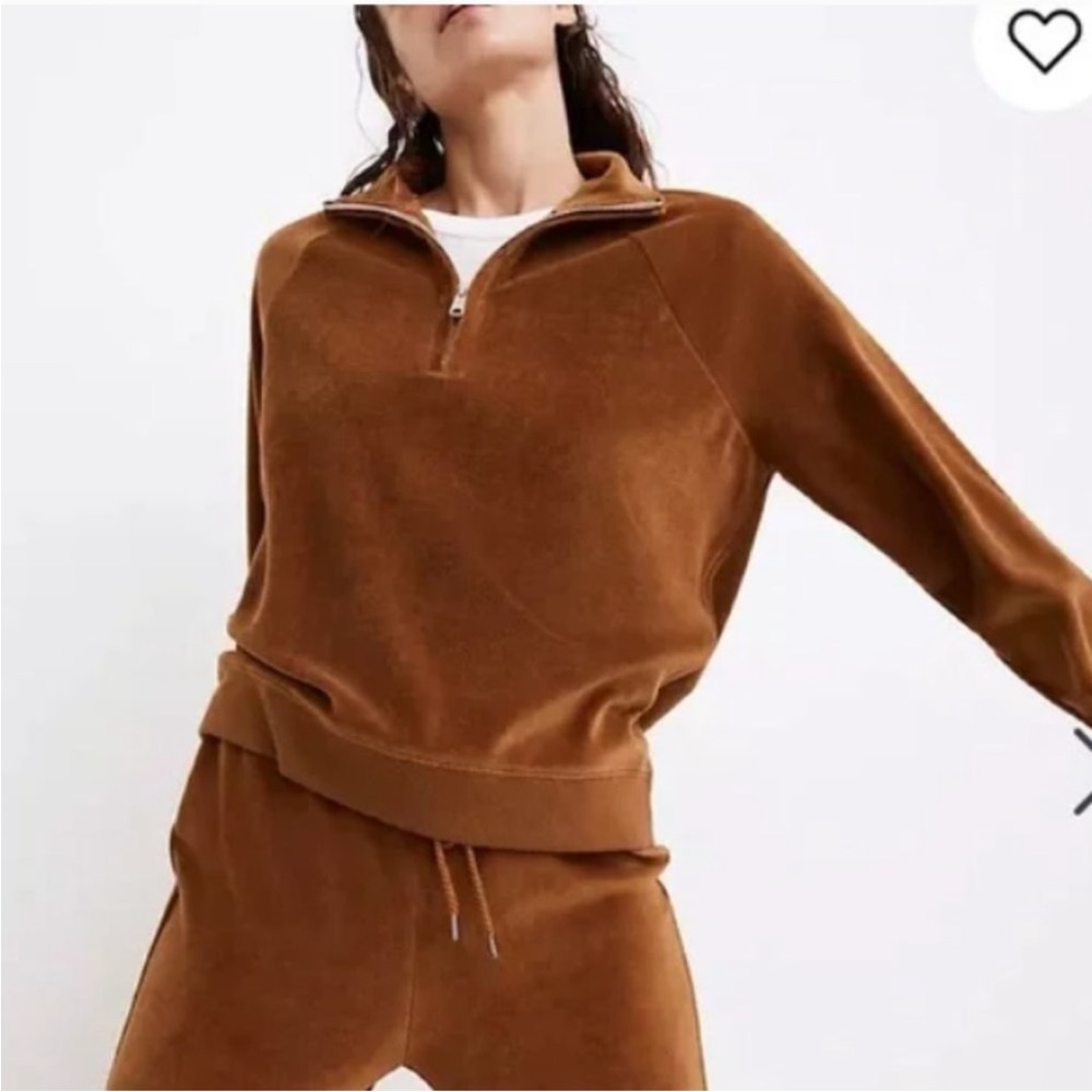 Madewell MWL Brown Orange Velour Half-Zip Sweatshirt Size XXS EUC